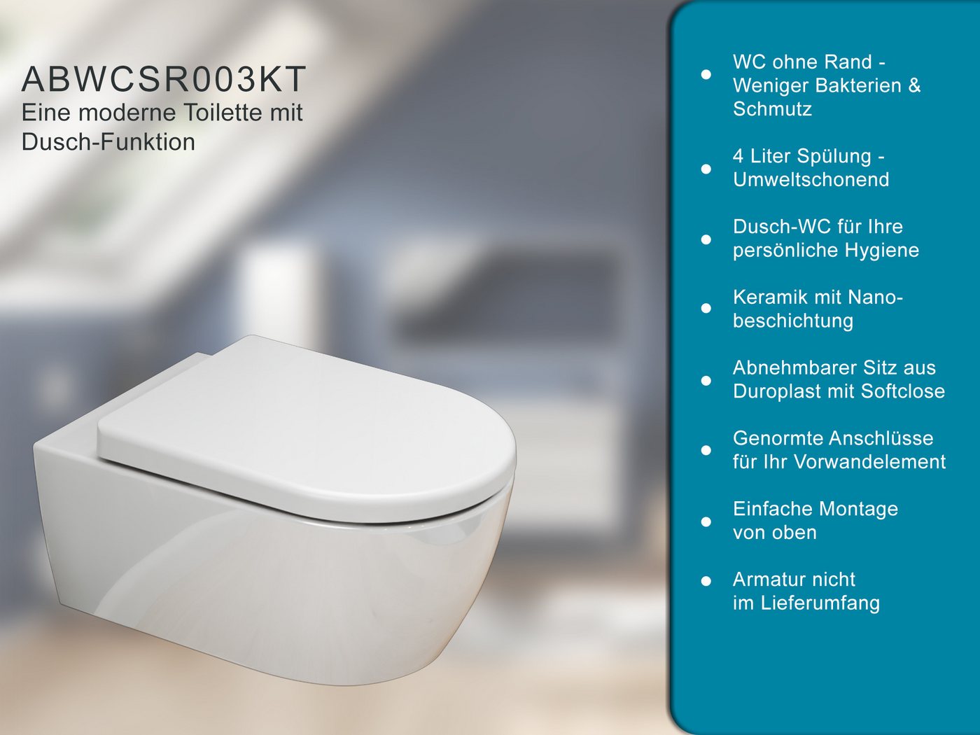 SSWW Dusch-WC mit Softclose WC-Sitz Tiefspül-WC spülrandloses WC Taharat, wandhängend, Abgang waagerecht, WC-Set Bild 4
