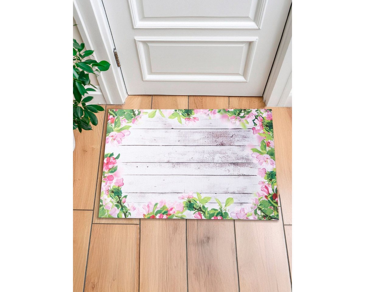 Krüger & Gregoriades Fußmatte Rutschfeste Fußmatte mit Blumenmotiv und Holzoptik 45 x 68 cm, Höhe: 45 mm