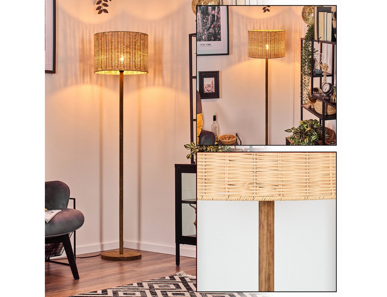 hofstein Stehlampe skandinavische Stehlampe aus Holz/Metall/Rattan in Naturfarben/Schwarz, ohne Leuchtmittel