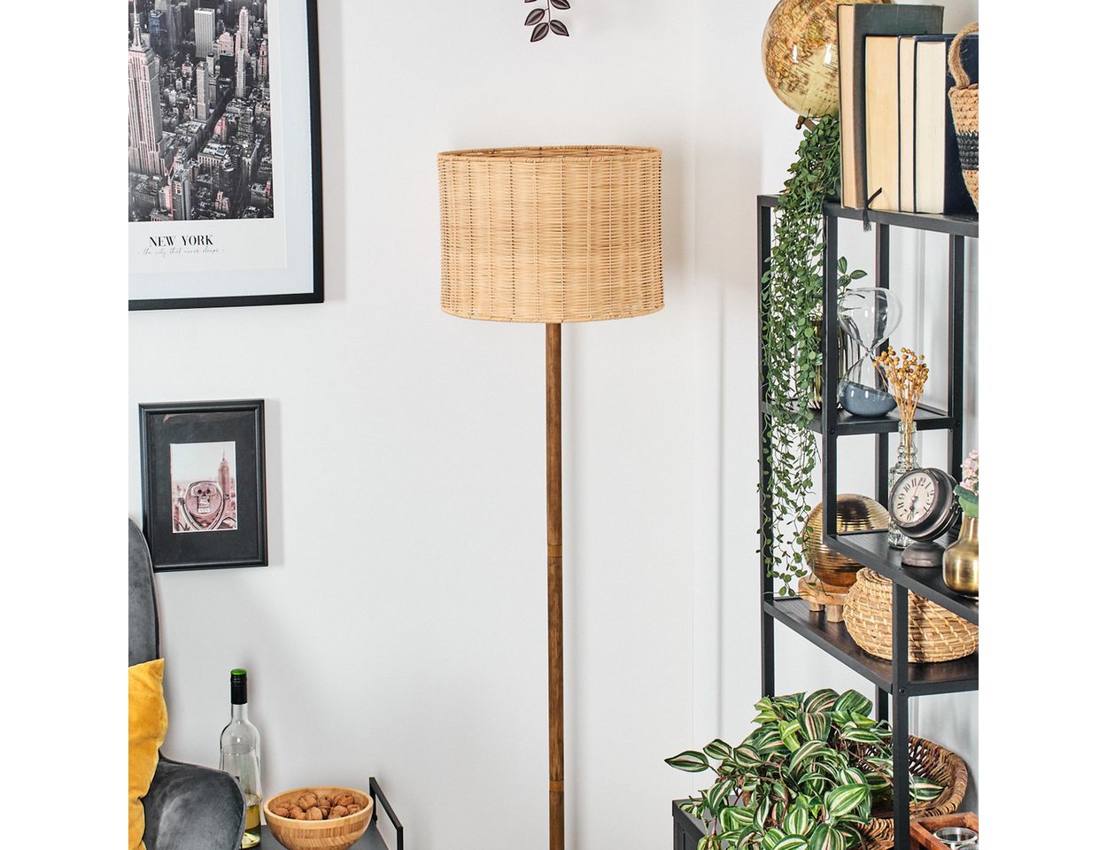 hofstein Stehlampe skandinavische Stehlampe aus Holz/Metall/Rattan in Naturfarben/Schwarz, ohne Leuchtmittel Bild 3