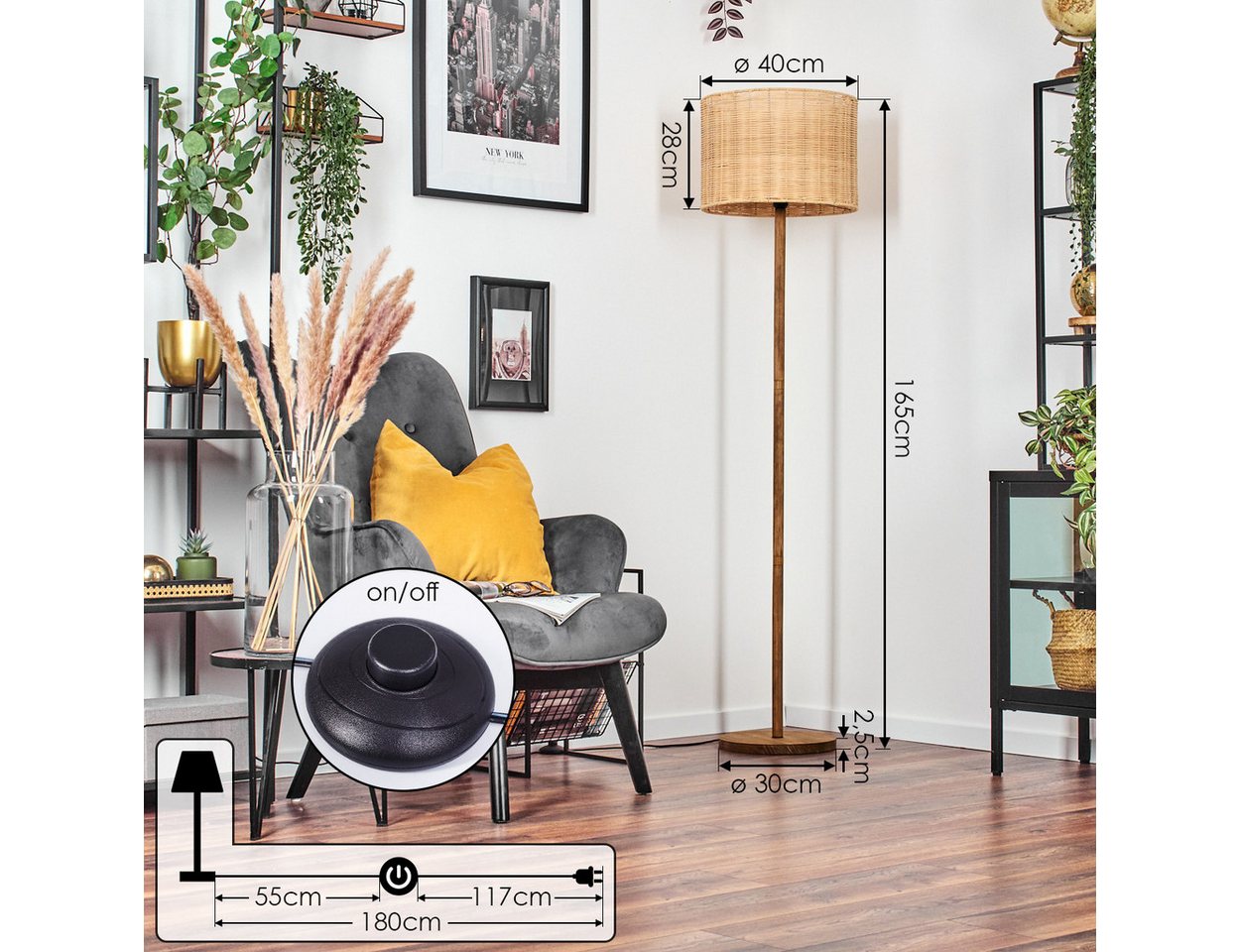 hofstein Stehlampe skandinavische Stehlampe aus Holz/Metall/Rattan in Naturfarben/Schwarz, ohne Leuchtmittel Bild 5
