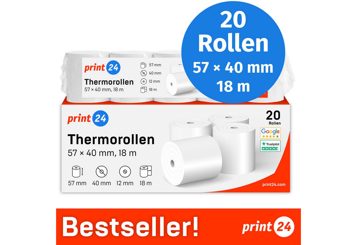 print24 Endlospapier Thermorollen, 57 x 40 x 12mm, 18m, PEFC, Für EPSON, IBM, u.v.m., PEFC-Zertifikat (GFA-PEFC-COC-500582)