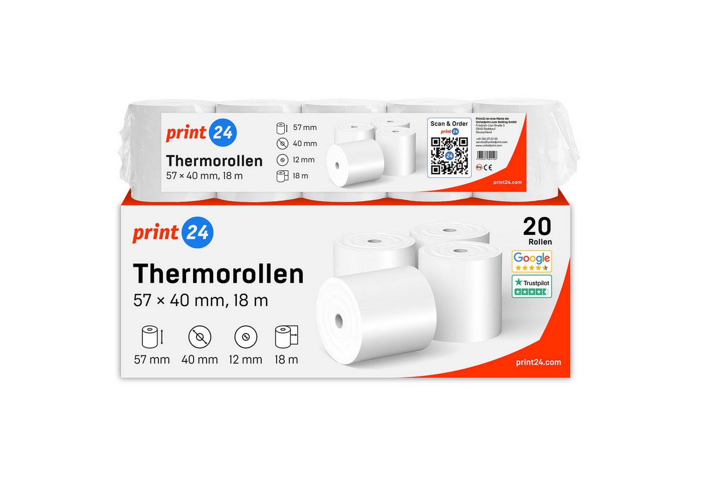 print24 Endlospapier Thermorollen, 57 x 40 x 12mm, 18m, PEFC, Für EPSON, IBM, u.v.m., PEFC-Zertifikat (GFA-PEFC-COC-500582) Bild 5