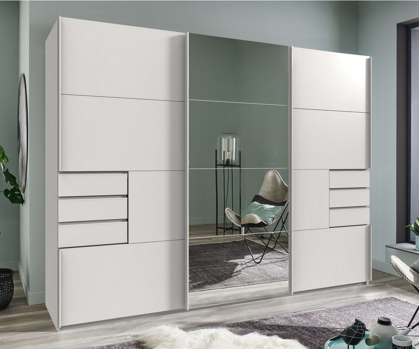 luma-home Schwebetürenschrank 22613 (B270/H208/T64 cm Kleiderschrank mit Vollausstattung, weiße Griffleisten) in Weiß mit 6 sichtbaren Schubladen, Mitteltür Spiegelfront