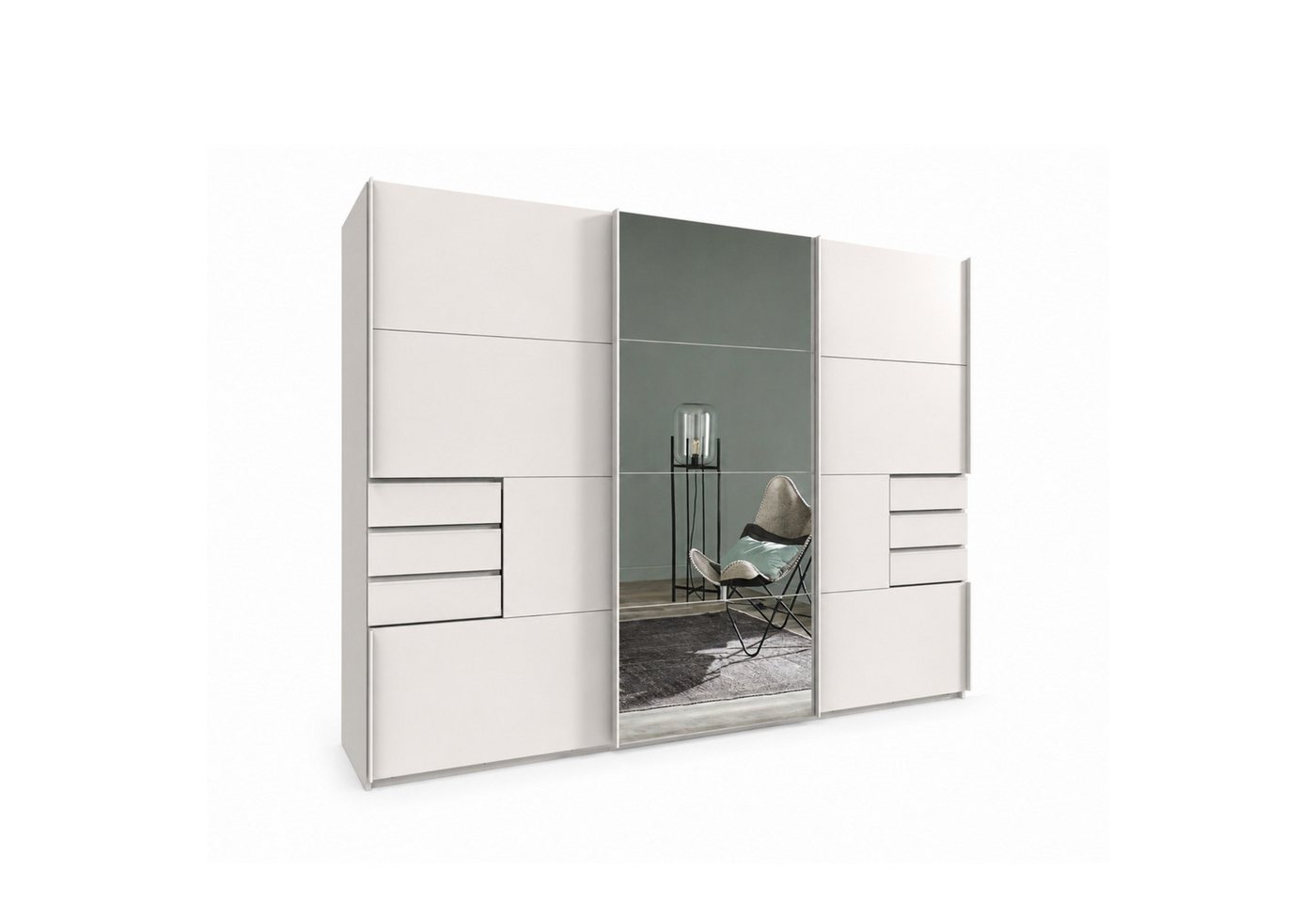 luma-home Schwebetürenschrank 22613 (B270/H208/T64 cm Kleiderschrank mit Vollausstattung, weiße Griffleisten) in Weiß mit 6 sichtbaren Schubladen, Mitteltür Spiegelfront Bild 3