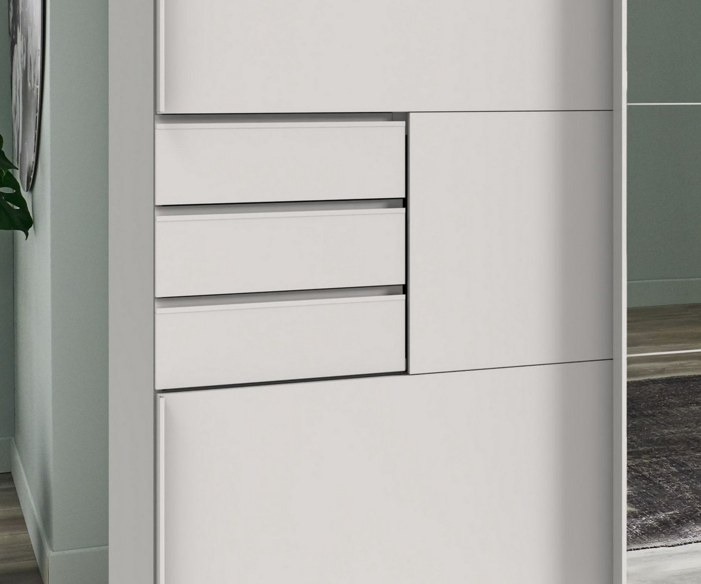 luma-home Schwebetürenschrank 22613 (B270/H208/T64 cm Kleiderschrank mit Vollausstattung, weiße Griffleisten) in Weiß mit 6 sichtbaren Schubladen, Mitteltür Spiegelfront Bild 4