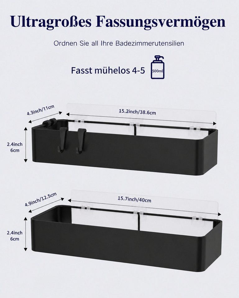 Fyrove Duschregal Duschablage ohne Bohren 2er Set, rostfreies Badregal mit 4 Haken, Duschablage ohne Bohren 2er Set, schwarzes rostfreies Badregal selbstklebend mit 4 Haken