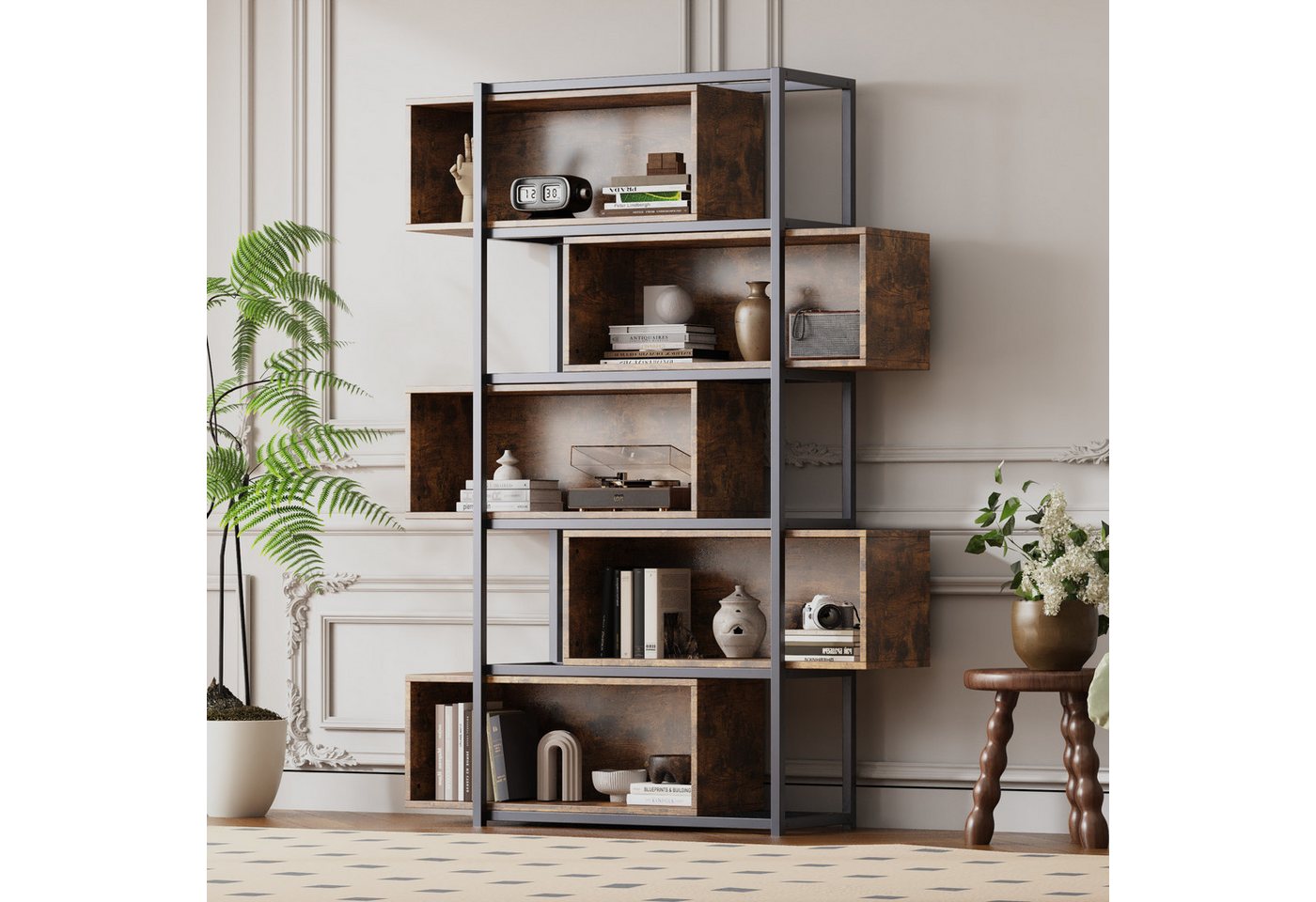Flieks Bücherregal brauner Holzoptik, 5 verstellbare Fächer, 1-tlg., Standregal mit 5 Abnehmbaren Ebenen Büroregal Schrank, Stahlgestell Bild 2