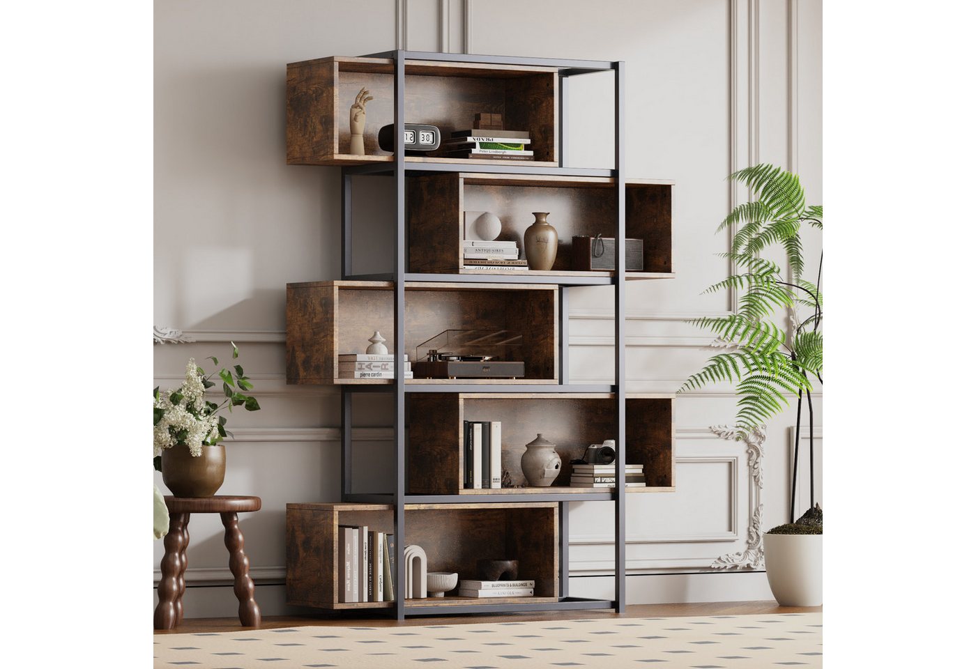 Flieks Bücherregal brauner Holzoptik, 5 verstellbare Fächer, 1-tlg., Standregal mit 5 Abnehmbaren Ebenen Büroregal Schrank, Stahlgestell Bild 3