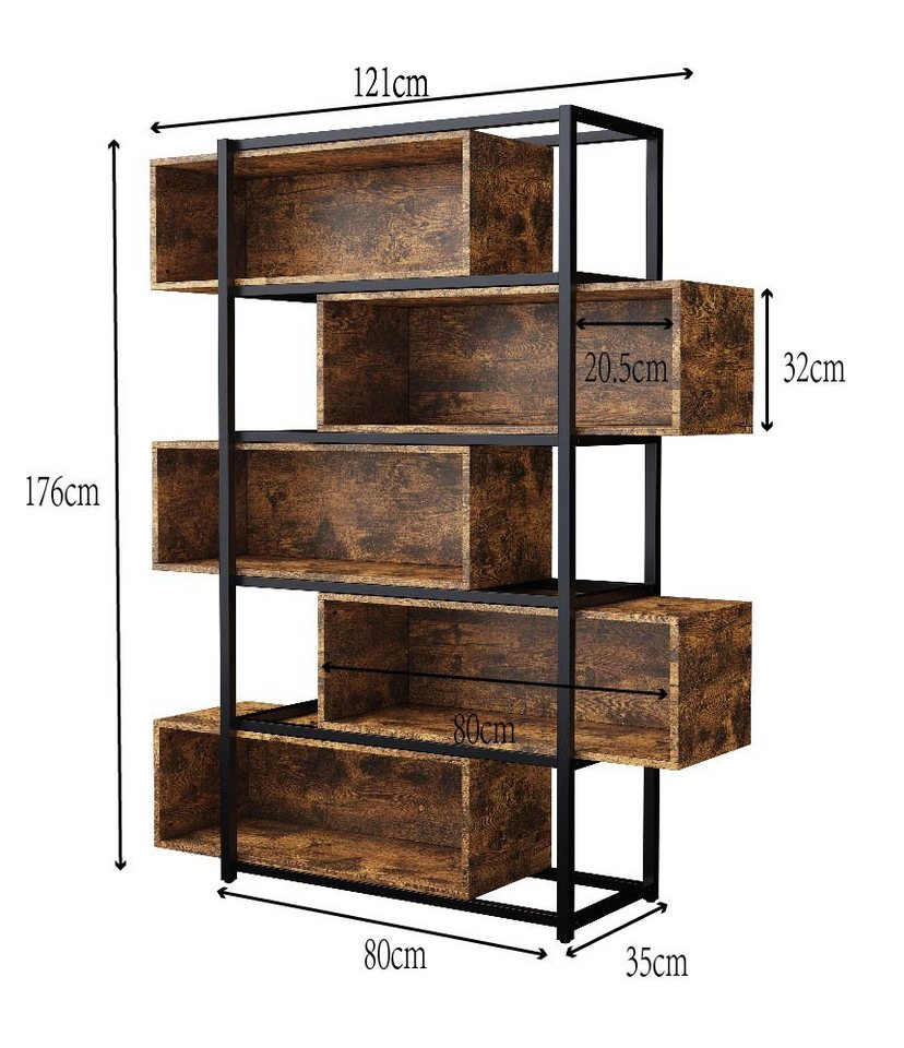 Flieks Bücherregal brauner Holzoptik, 5 verstellbare Fächer, 1-tlg., Standregal mit 5 Abnehmbaren Ebenen Büroregal Schrank, Stahlgestell Bild 4