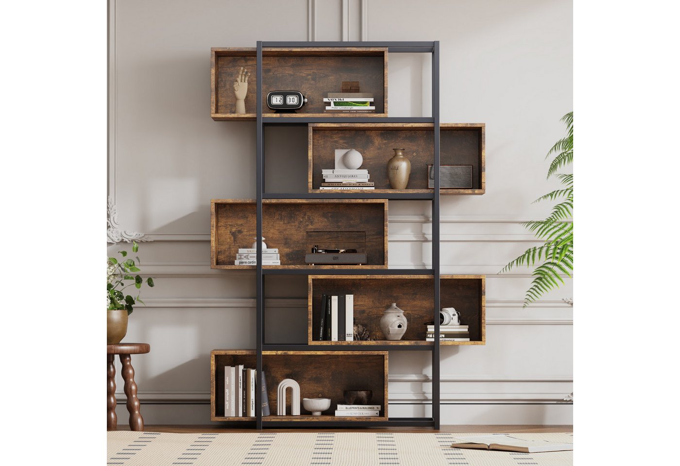 Flieks Bücherregal brauner Holzoptik, 5 verstellbare Fächer, 1-tlg., Standregal mit 5 Abnehmbaren Ebenen Büroregal Schrank, Stahlgestell Bild 5