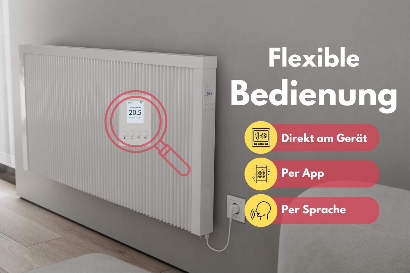 eVARMO Elektro-Heizkörper Paketset nach Wattzahl Flächenspeicherheizung areo smart, Digitales Thermostat mit LCD-Display und 4 Knöpfen Bild 2