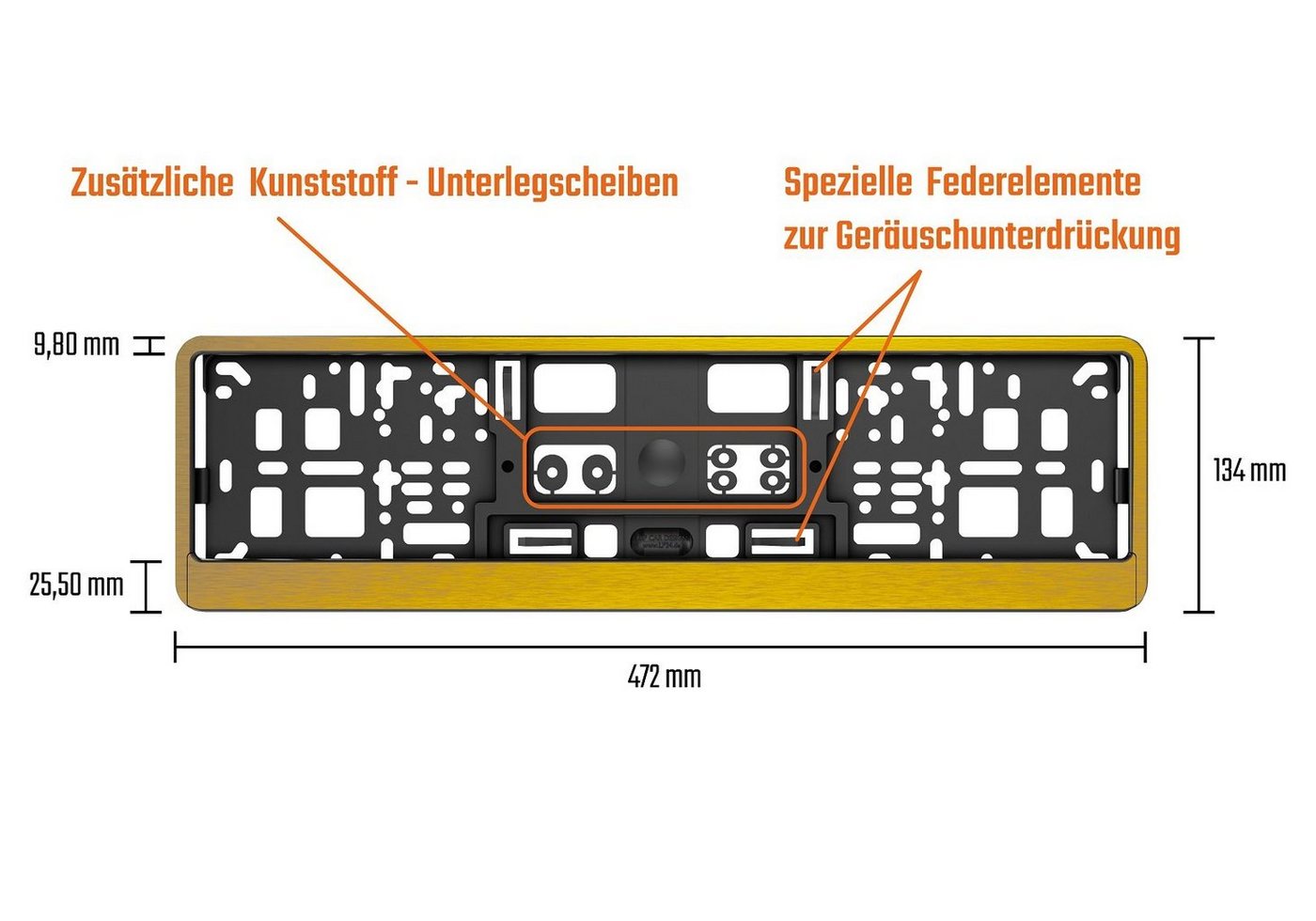 L & P Car Design Kennzeichenhalter für Auto 46 cm in Gold Chrom gebürstet für kurze Kennzeichen, (2 Stück) Bild 3