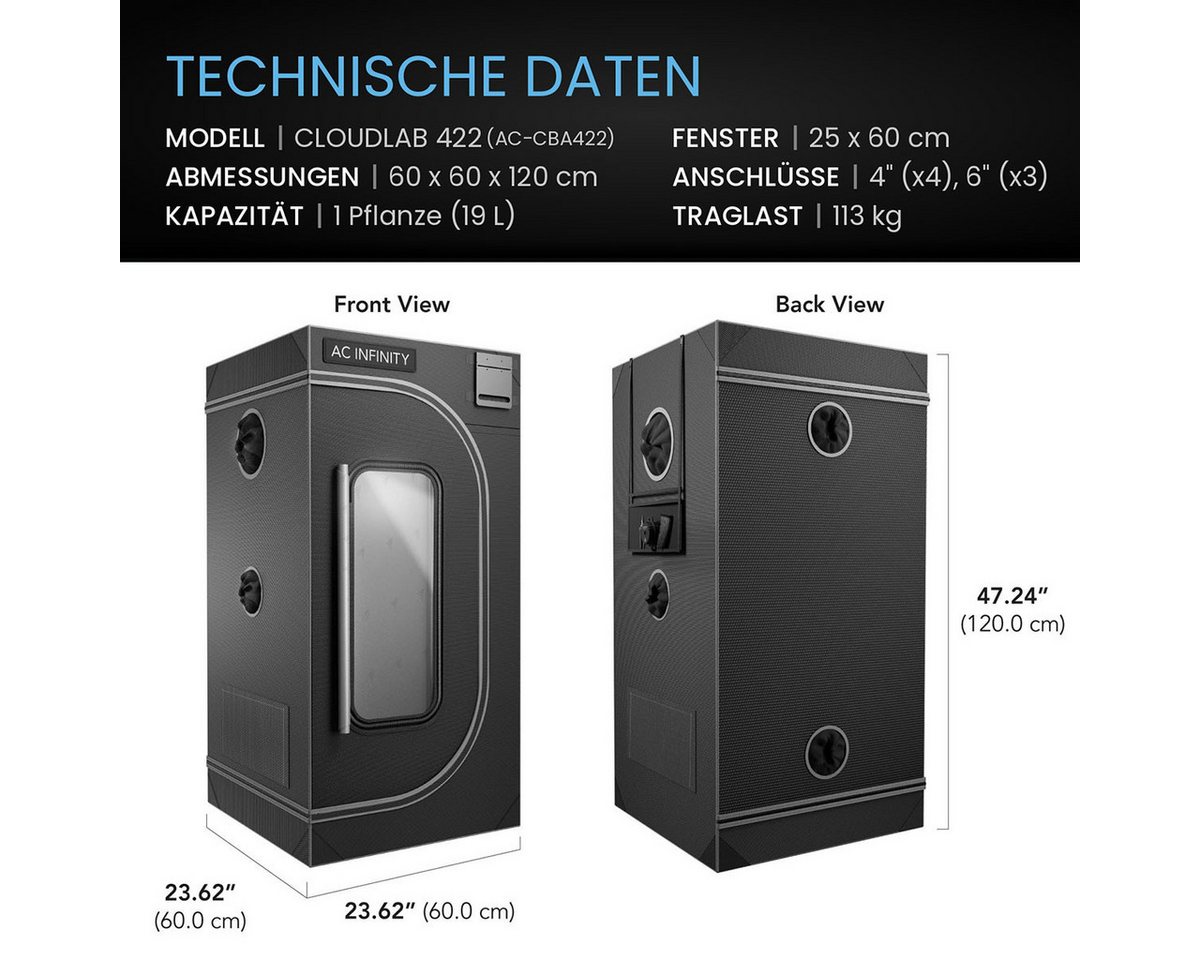 AC INFINITY Gewächshaus AC Infinity CLOUDLAB Advance Growzelt, BxTxH: 60 x 60 x 120 cm, BxLxH: 60 x 60 x 120 cm, CLOUDLAB 422 Gen 2 mit 2000D Mylar Bild 3
