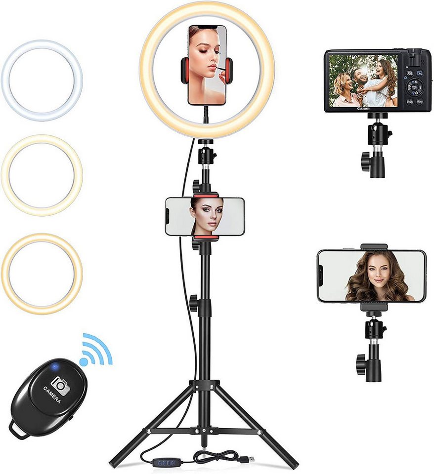 AIMAX Ringlicht 10 Zoll LED Ringlicht mit Stativ, Dimmbar 3 Lichtmodi 11 Helligkeiten, Handy & Tablet-Halter, Bluetooth Fernauslöser, Streaming und Make-up Bild 3