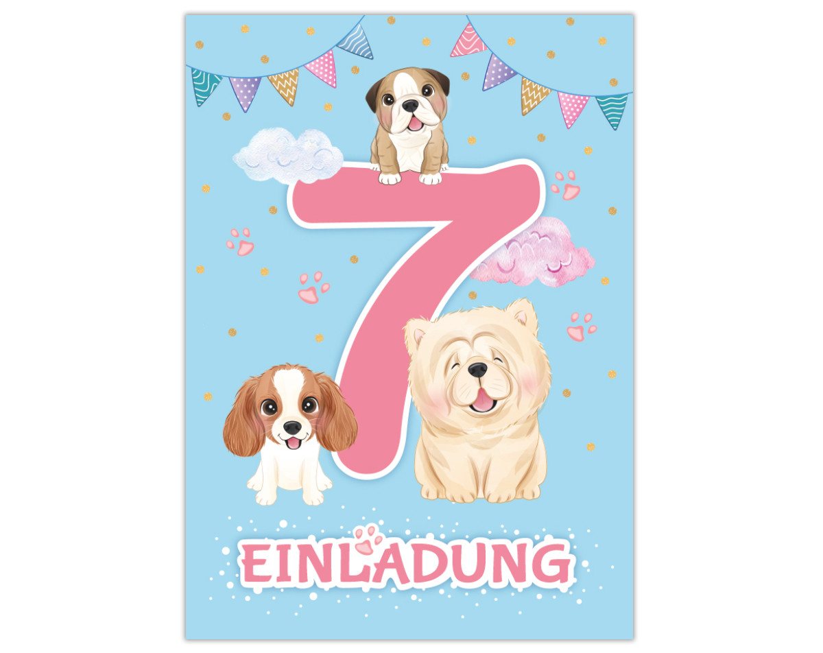 JUNAPACK Einladungskarten Hunde Einladungen zum 7. Kindergeburtstag Karten Mädchen Welpen, Einladungskarten mit einem Hunde Motiv zum siebten Geburtstag