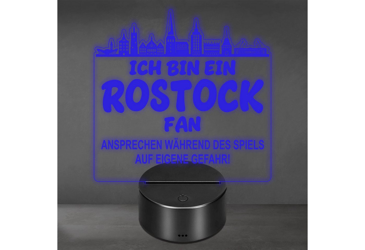 Lieblingsmensch LED Nachtlicht Fußball - Ich bin ein Rostock Fan - Ansprechen auf eigene Gefahr, LED fest integriert, Farbwechsel oder feste Farbe mit Fernbedienung & Touch, Man Cave Stimmungslicht – 19x23cm