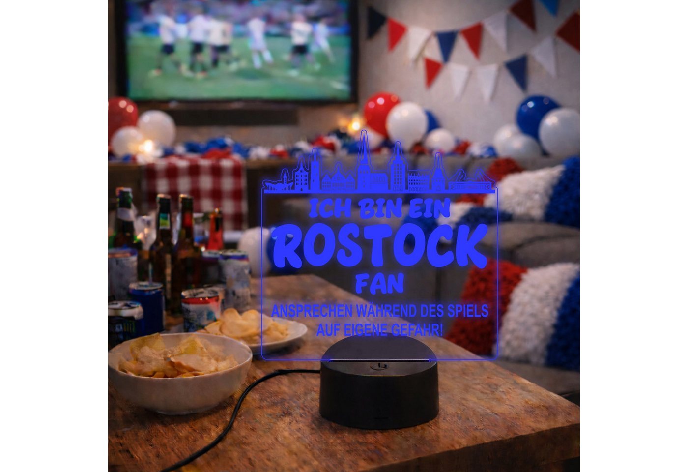 Lieblingsmensch LED Nachtlicht Fußball - Ich bin ein Rostock Fan - Ansprechen auf eigene Gefahr, LED fest integriert, Farbwechsel oder feste Farbe mit Fernbedienung & Touch, Man Cave Stimmungslicht – 19x23cm Bild 2