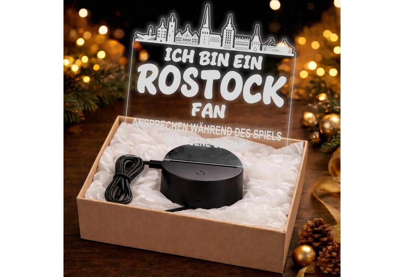 Lieblingsmensch LED Nachtlicht Fußball - Ich bin ein Rostock Fan - Ansprechen auf eigene Gefahr, LED fest integriert, Farbwechsel oder feste Farbe mit Fernbedienung & Touch, Man Cave Stimmungslicht – 19x23cm Bild 3