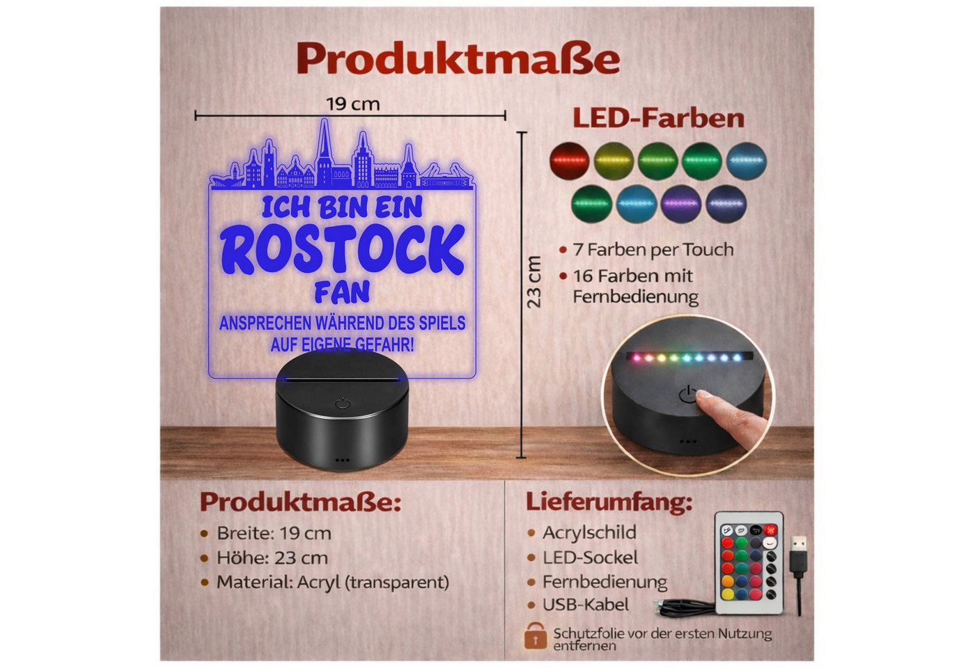Lieblingsmensch LED Nachtlicht Fußball - Ich bin ein Rostock Fan - Ansprechen auf eigene Gefahr, LED fest integriert, Farbwechsel oder feste Farbe mit Fernbedienung & Touch, Man Cave Stimmungslicht – 19x23cm Bild 4