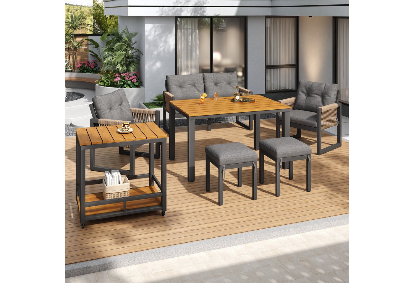 Merax Gartenlounge-Set Gartenmöbel Lounge-Set mit Eisengestell und geflochtenen Armlehnen, (6-Sitzer-Sitzgruppe, 7-tlg), Terrassenmöbel mit Tisch, 2 Sesseln, Zweisitzer, 2 Hockern & Handwagen