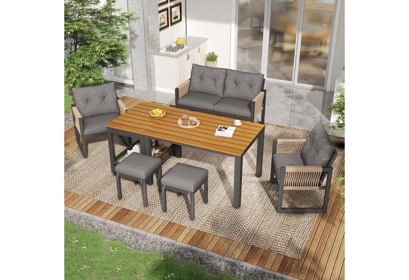 Merax Gartenlounge-Set Gartenmöbel Lounge-Set mit Eisengestell und geflochtenen Armlehnen, (6-Sitzer-Sitzgruppe, 7-tlg), Terrassenmöbel mit Tisch, 2 Sesseln, Zweisitzer, 2 Hockern & Handwagen Bild 2