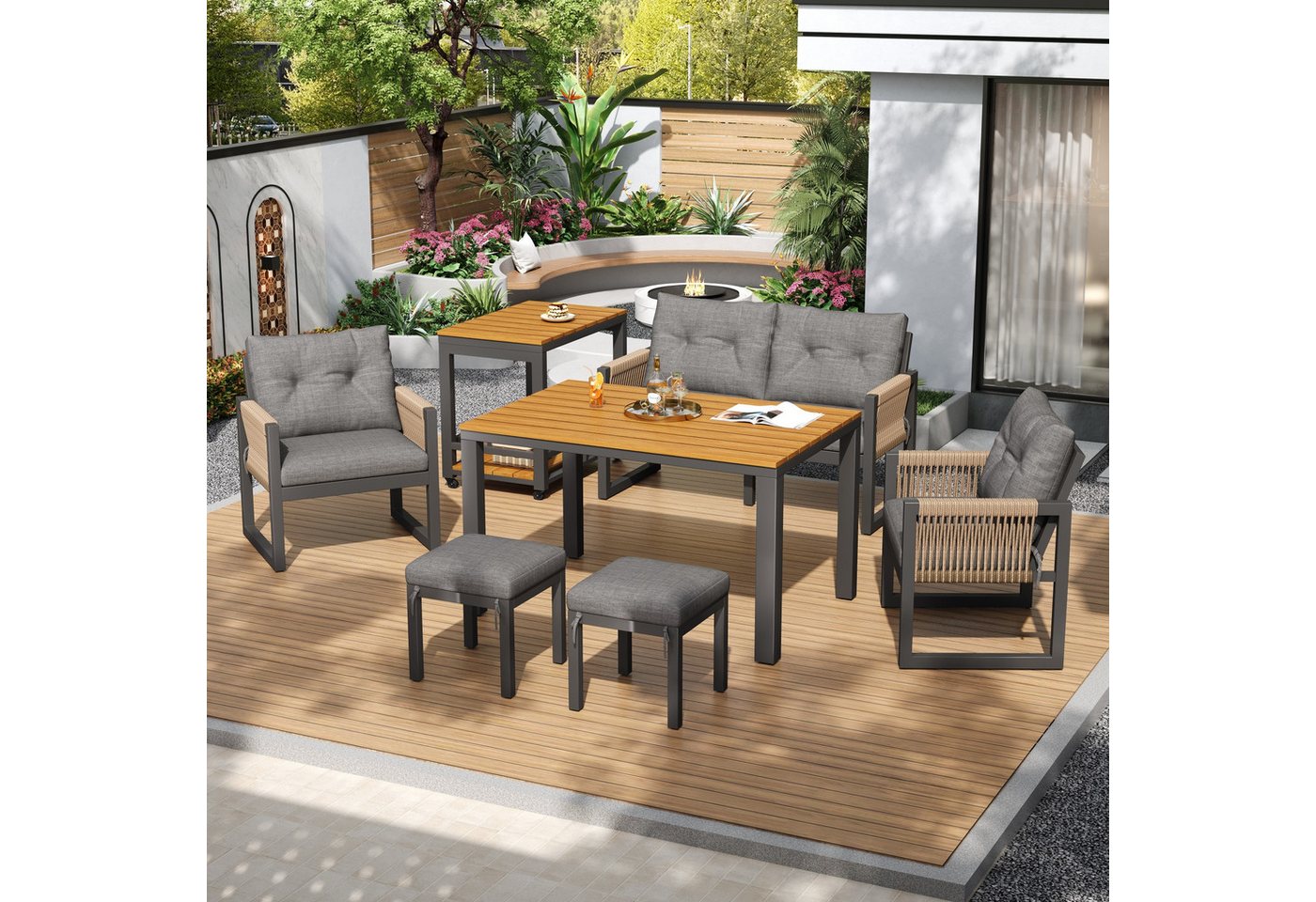 Merax Gartenlounge-Set Gartenmöbel Lounge-Set mit Eisengestell und geflochtenen Armlehnen, (6-Sitzer-Sitzgruppe, 7-tlg), Terrassenmöbel mit Tisch, 2 Sesseln, Zweisitzer, 2 Hockern & Handwagen Bild 3