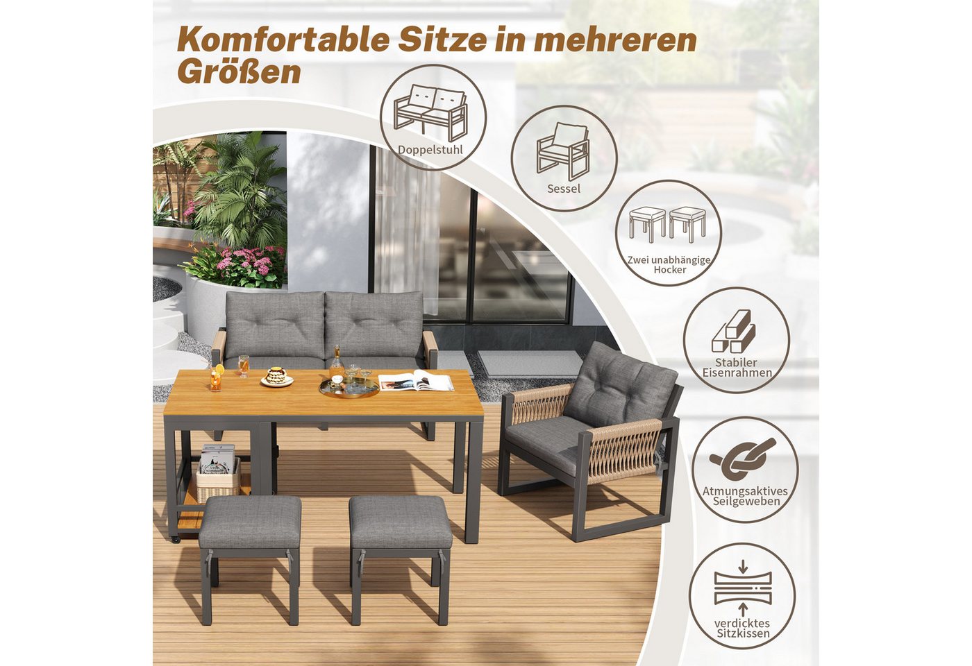 Merax Gartenlounge-Set Gartenmöbel Lounge-Set mit Eisengestell und geflochtenen Armlehnen, (6-Sitzer-Sitzgruppe, 7-tlg), Terrassenmöbel mit Tisch, 2 Sesseln, Zweisitzer, 2 Hockern & Handwagen Bild 4