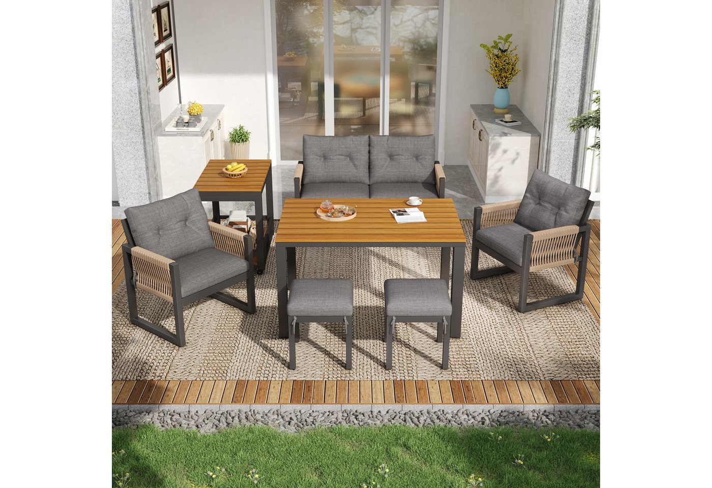 Merax Gartenlounge-Set Gartenmöbel Lounge-Set mit Eisengestell und geflochtenen Armlehnen, (6-Sitzer-Sitzgruppe, 7-tlg), Terrassenmöbel mit Tisch, 2 Sesseln, Zweisitzer, 2 Hockern & Handwagen Bild 5