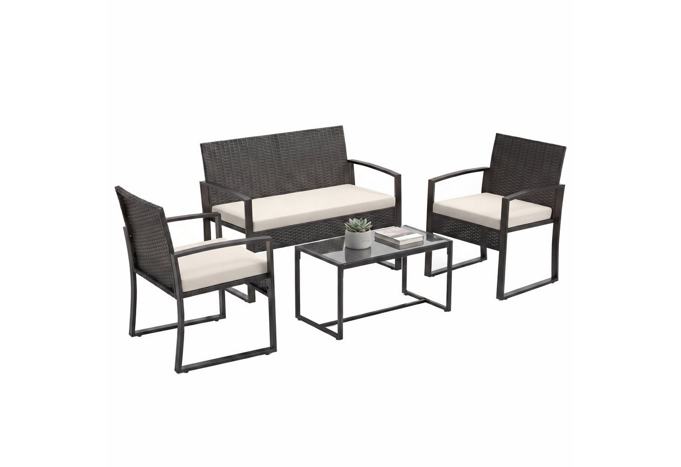 KOMFOTTEU Balkonset, (4-tlg), aus Polyrattan mit Glas-Couchtisch, 2 Sesseln & Zweisitzer