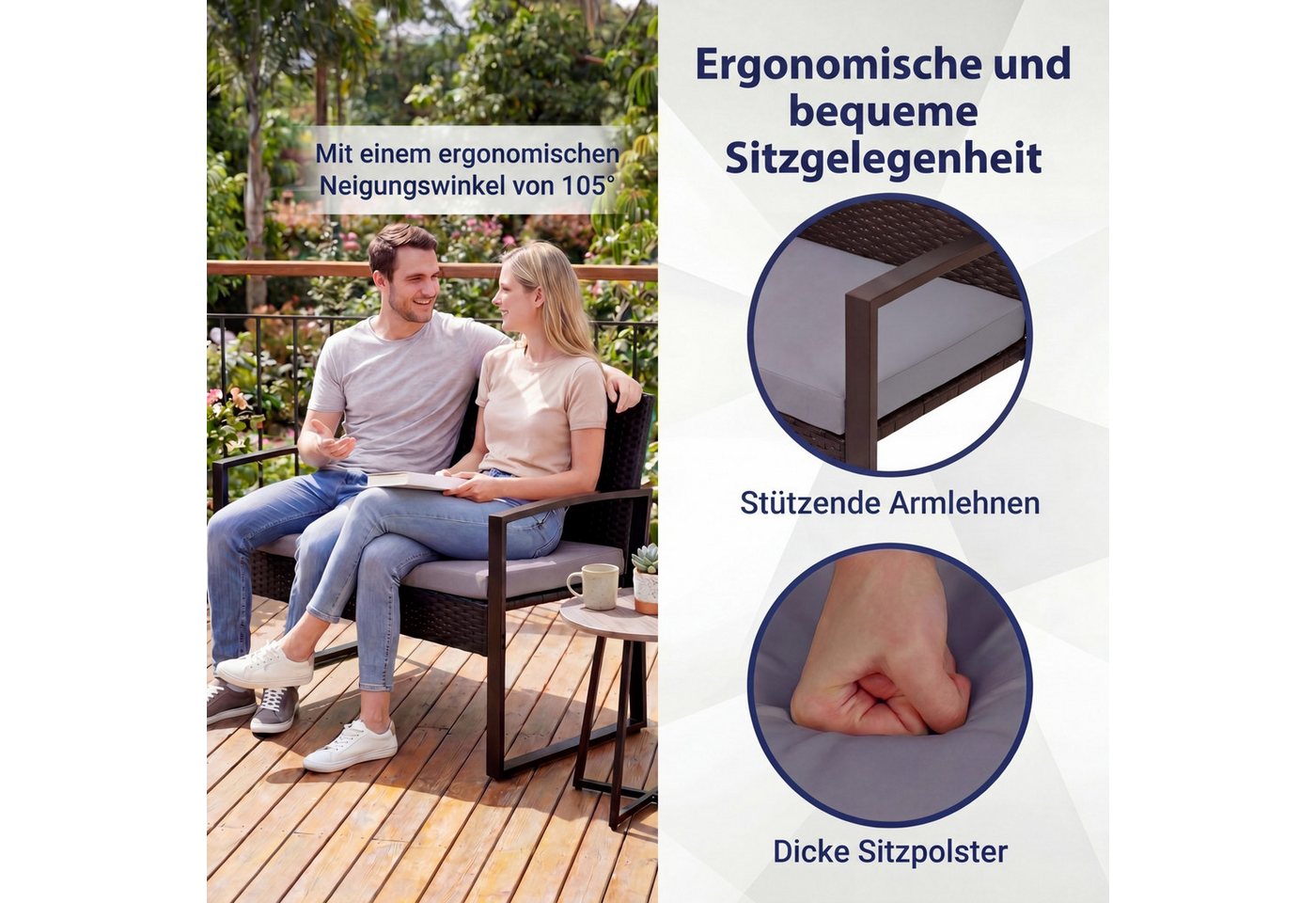 KOMFOTTEU Balkonset, (4-tlg), aus Polyrattan mit Glas-Couchtisch, 2 Sesseln & Zweisitzer Bild 2