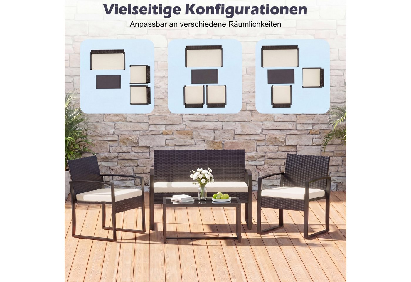 KOMFOTTEU Balkonset, (4-tlg), aus Polyrattan mit Glas-Couchtisch, 2 Sesseln & Zweisitzer Bild 3