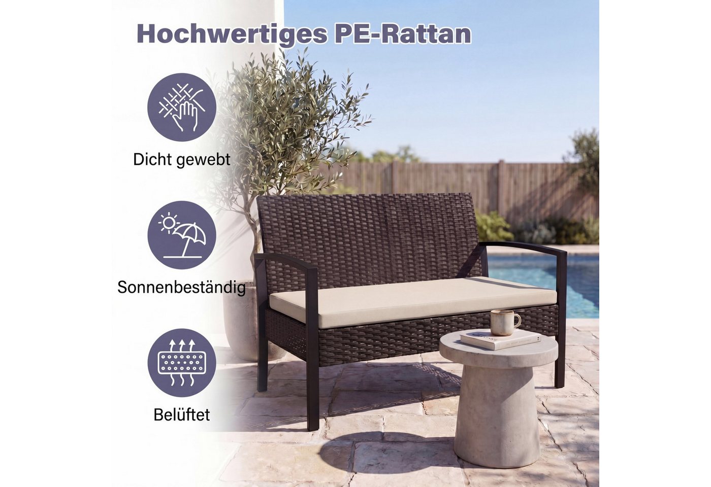KOMFOTTEU Balkonset, (4-tlg), aus Polyrattan mit Glas-Couchtisch, 2 Sesseln & Zweisitzer Bild 4