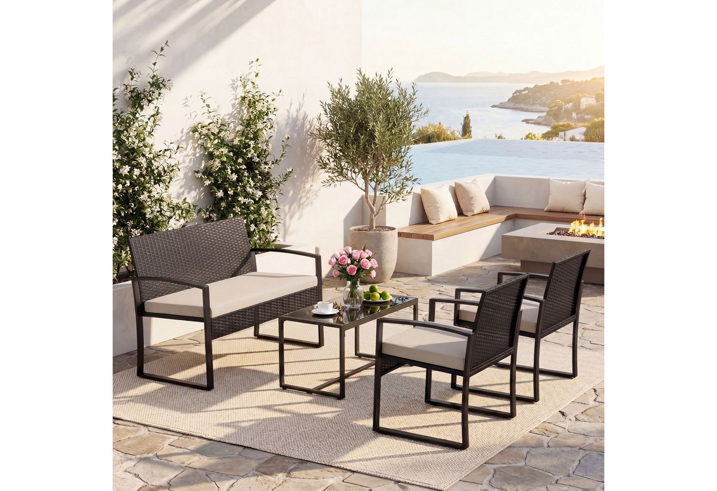 KOMFOTTEU Balkonset, (4-tlg), aus Polyrattan mit Glas-Couchtisch, 2 Sesseln & Zweisitzer Bild 5