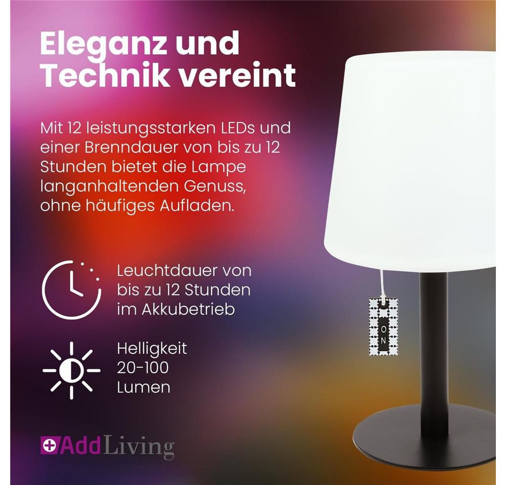 AddLiving LED Tischleuchte LED Tischlampe Table Light RGB dimmbar mit Zugschalter IP44, RGB-Farbwechsel, 12h Leuchtdauer, Zugschalter, 12 LEDs, IP44