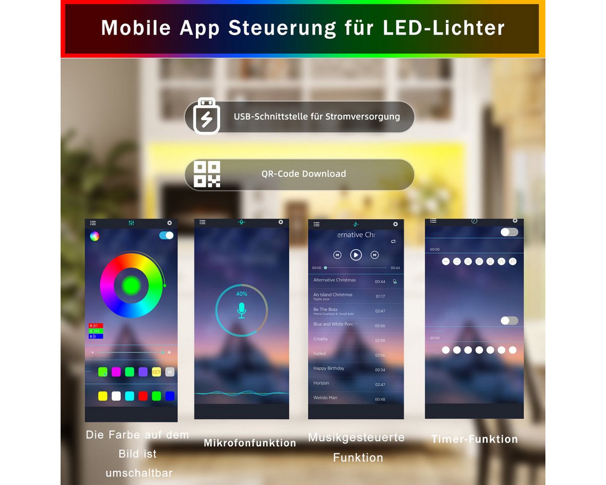 Odikalo Küchenbuffet Küchenschrank Buffetschrank mit App-gesteuerter RGB-LED (140*38.5*180cm mit Glastüren & 4 Schubladen, verstellbare Einlegeböden, Naturholz-Optik, belastbar bis 100kg)