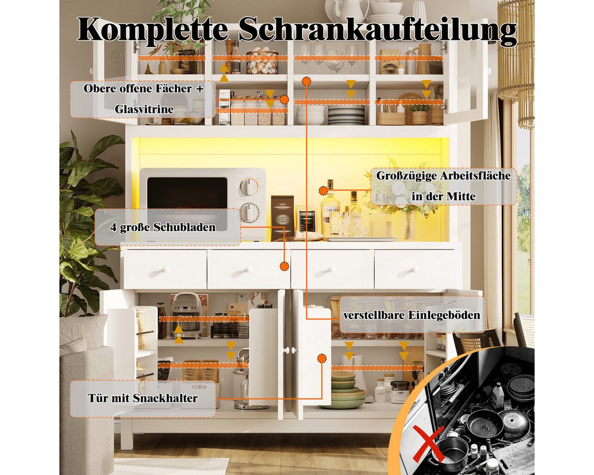 Odikalo Küchenbuffet Küchenschrank Buffetschrank mit App-gesteuerter RGB-LED (140*38.5*180cm mit Glastüren & 4 Schubladen, verstellbare Einlegeböden, Naturholz-Optik, belastbar bis 100kg) Bild 2