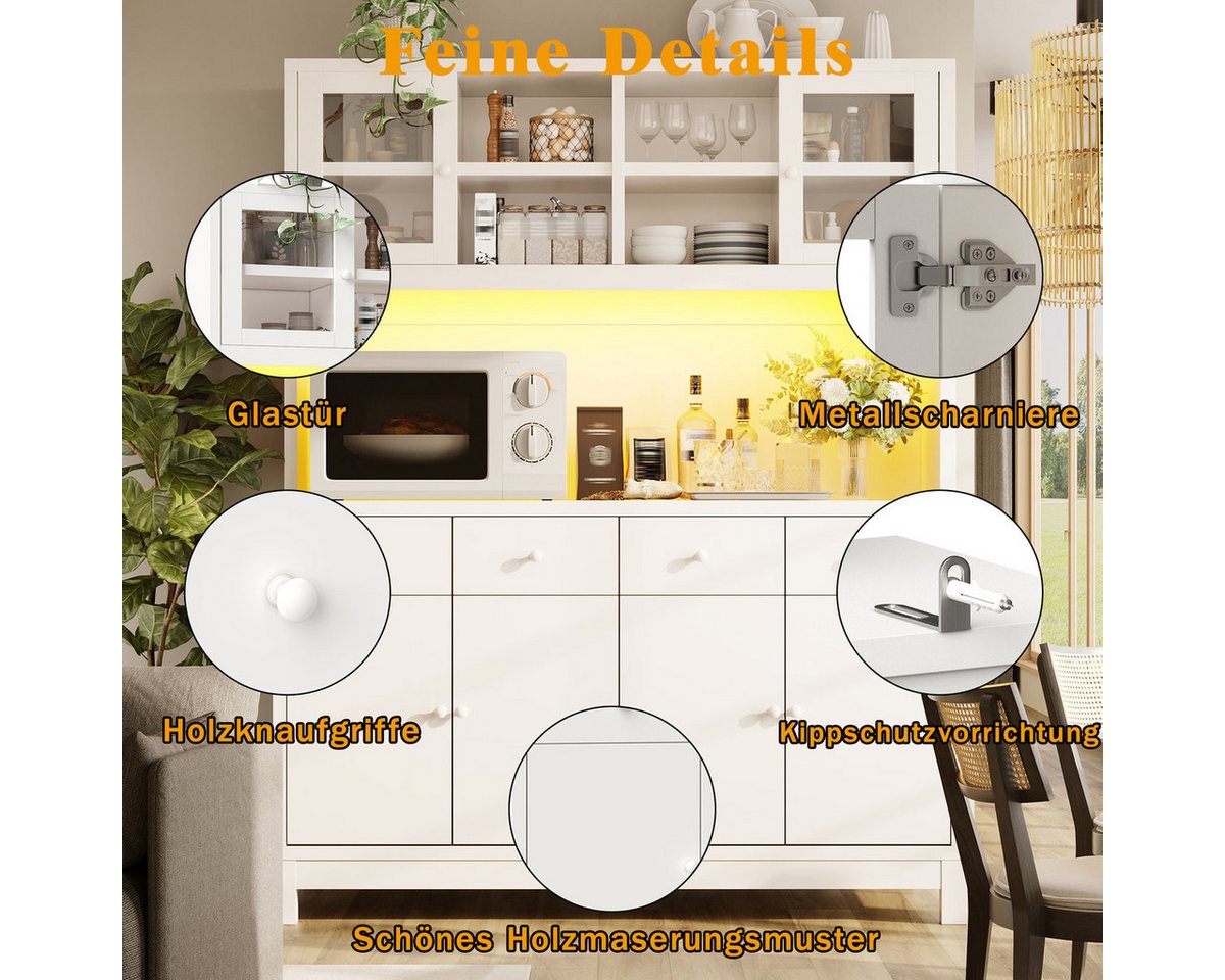 Odikalo Küchenbuffet Küchenschrank Buffetschrank mit App-gesteuerter RGB-LED (140*38.5*180cm mit Glastüren & 4 Schubladen, verstellbare Einlegeböden, Naturholz-Optik, belastbar bis 100kg) Bild 3