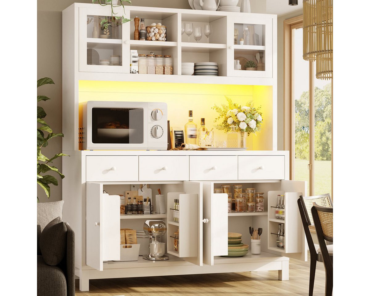 Odikalo Küchenbuffet Küchenschrank Buffetschrank mit App-gesteuerter RGB-LED (140*38.5*180cm mit Glastüren & 4 Schubladen, verstellbare Einlegeböden, Naturholz-Optik, belastbar bis 100kg) Bild 5