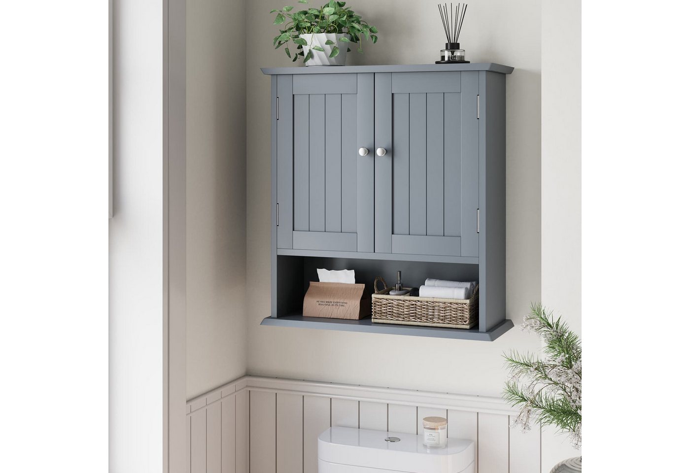 ANYSUN Hängeschrank Wandschrank mit Türen,Stauraum,Bad-Hängeschrank für Wäsche,Badezimmer Wäschekommode mit Wechselbare Trennwand,Drahtziehknopf,55x20x60cm