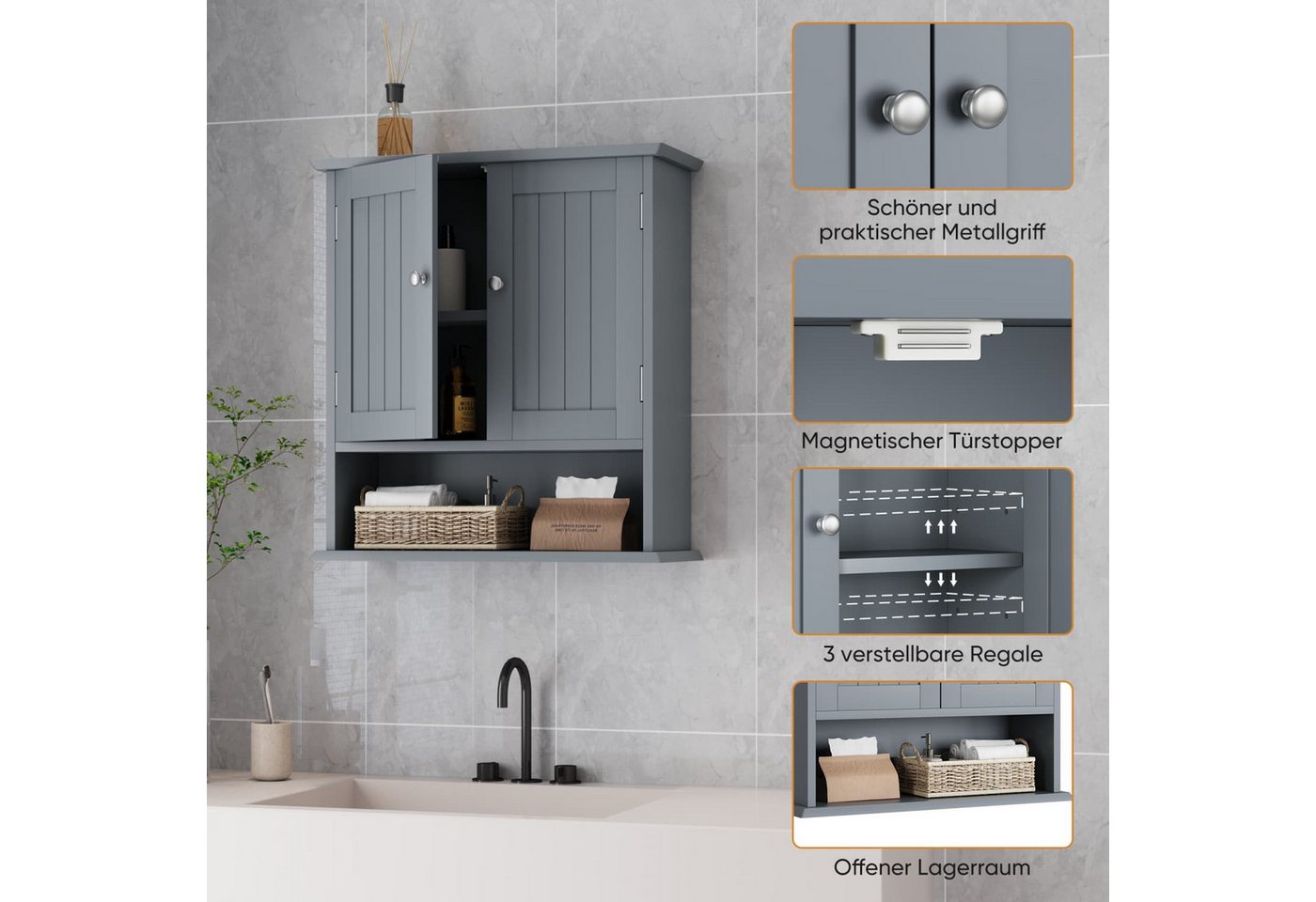 ANYSUN Hängeschrank Wandschrank mit Türen,Stauraum,Bad-Hängeschrank für Wäsche,Badezimmer Wäschekommode mit Wechselbare Trennwand,Drahtziehknopf,55x20x60cm Bild 3