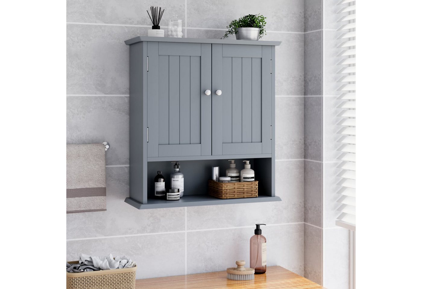ANYSUN Hängeschrank Wandschrank mit Türen,Stauraum,Bad-Hängeschrank für Wäsche,Badezimmer Wäschekommode mit Wechselbare Trennwand,Drahtziehknopf,55x20x60cm Bild 5
