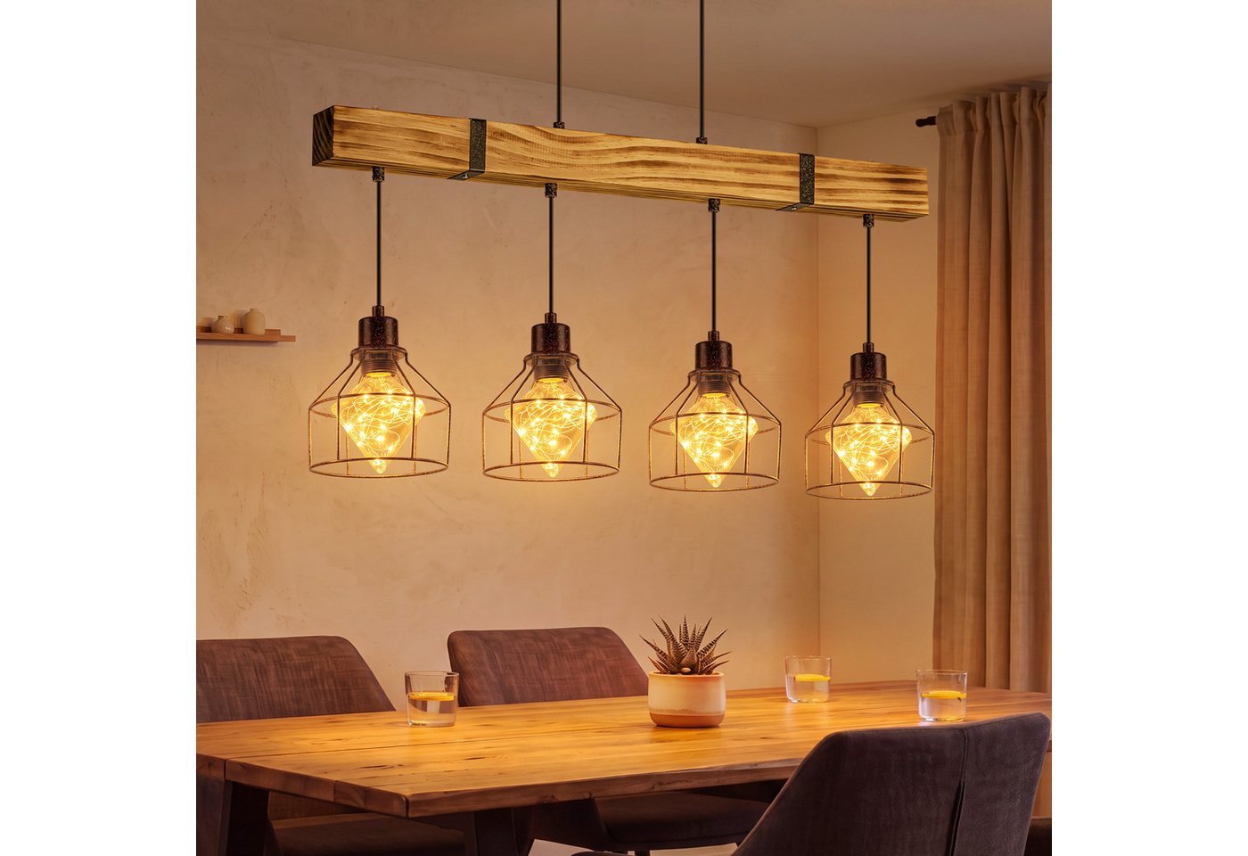 Nettlife Pendelleuchte Esstisch 3/4flammig Holz Schwarz Retro Industrial Hängelampe E27, ohne Leuchtmittel, Höhenverstellbar für Esszimmer Küche Wohnzimmer Bar Bild 2