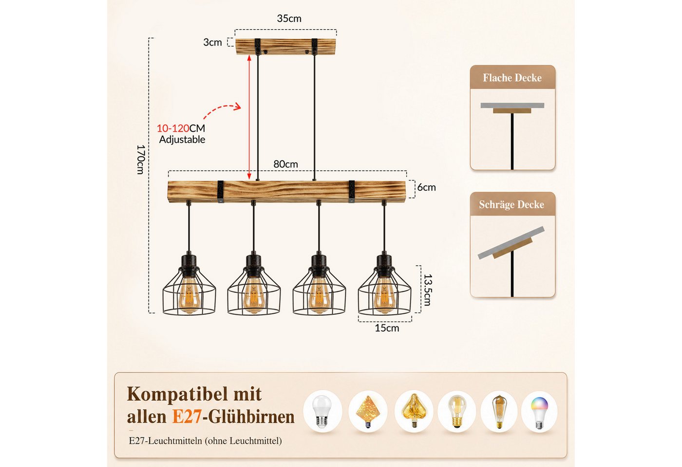 Nettlife Pendelleuchte Esstisch 3/4flammig Holz Schwarz Retro Industrial Hängelampe E27, ohne Leuchtmittel, Höhenverstellbar für Esszimmer Küche Wohnzimmer Bar Bild 3