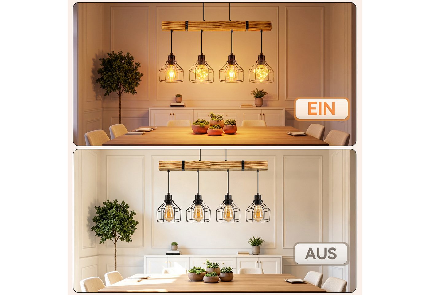 Nettlife Pendelleuchte Esstisch 3/4flammig Holz Schwarz Retro Industrial Hängelampe E27, ohne Leuchtmittel, Höhenverstellbar für Esszimmer Küche Wohnzimmer Bar Bild 4