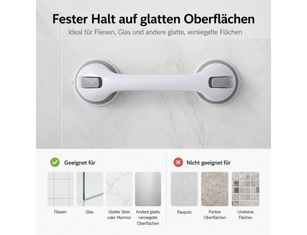 JASLIFE Haltegriff Haltegriff mit Saugnapf 42 cm, rutschfest, ohne Bohren für Bad & WC, Sicherer Halt auch bei Nässe, jederzeit abnehmbar Bild 2