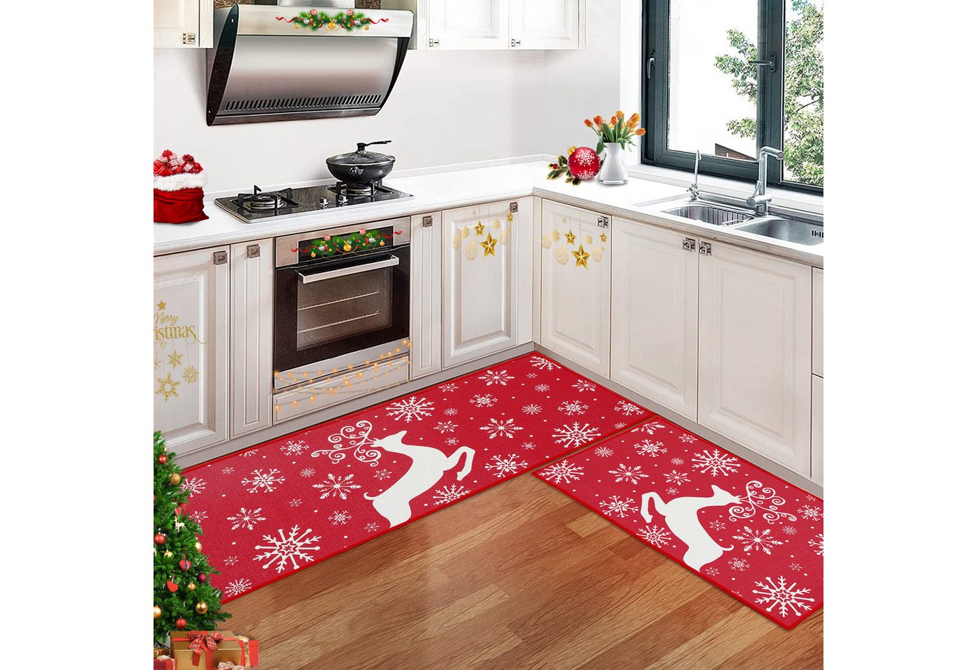GarveeMore Küchenläufer Weihnachten Küchenteppich Set 40x60cm + 40x120cm, rutschfest, waschbar, festliches Motiv für Küche & Eingang,Innenbereich Bild 3