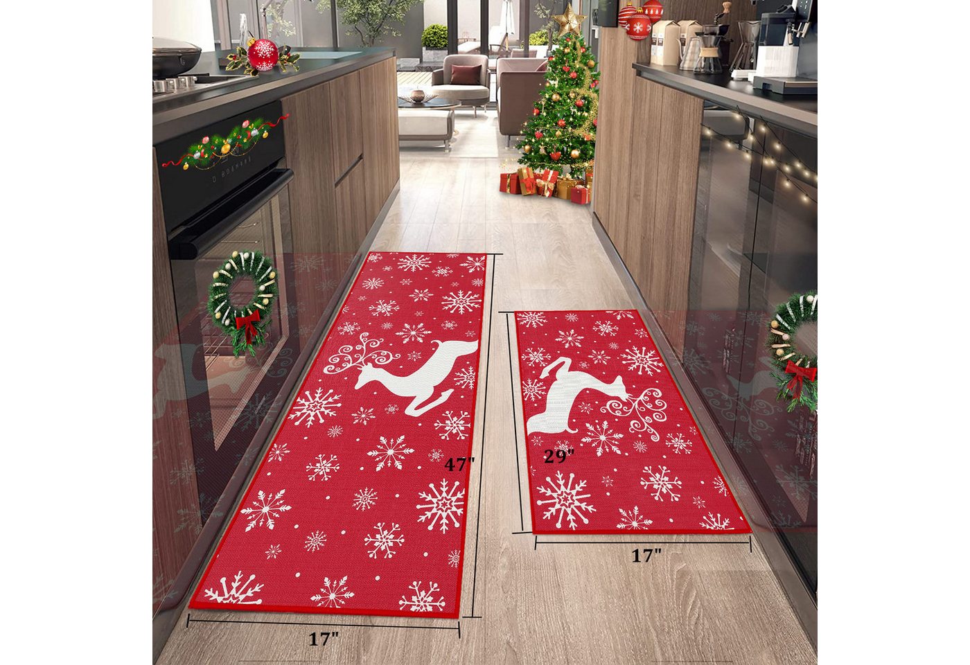 GarveeMore Küchenläufer Weihnachten Küchenteppich Set 40x60cm + 40x120cm, rutschfest, waschbar, festliches Motiv für Küche & Eingang,Innenbereich Bild 4
