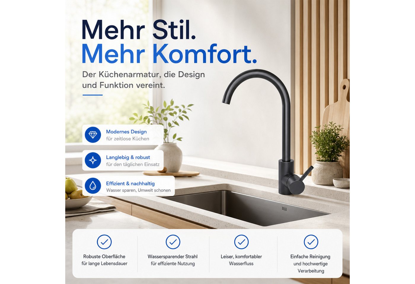 Ledklang Küchenarmatur Hochdruck Edelstahl Spültischarmatur 360° schwenkbar Schwarz/silber (1-St., Mischbatterie) für Einhebelmischer Mischbatterie Wasserhahn Küche