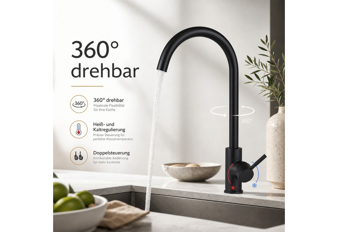 Ledklang Küchenarmatur Hochdruck Edelstahl Spültischarmatur 360° schwenkbar Schwarz/silber (1-St., Mischbatterie) für Einhebelmischer Mischbatterie Wasserhahn Küche Bild 4